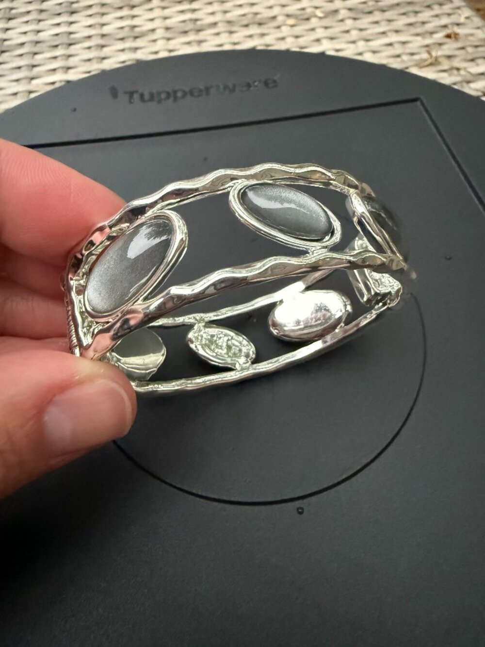Robert Lee Morris Silver Plated Gray Bead Soho Hinged Magnet Bangle Bracelet